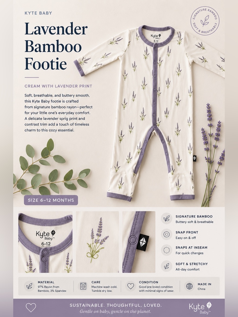 Kyte BABY Kyte Lavender Bamboo Zip Romper 6-12M